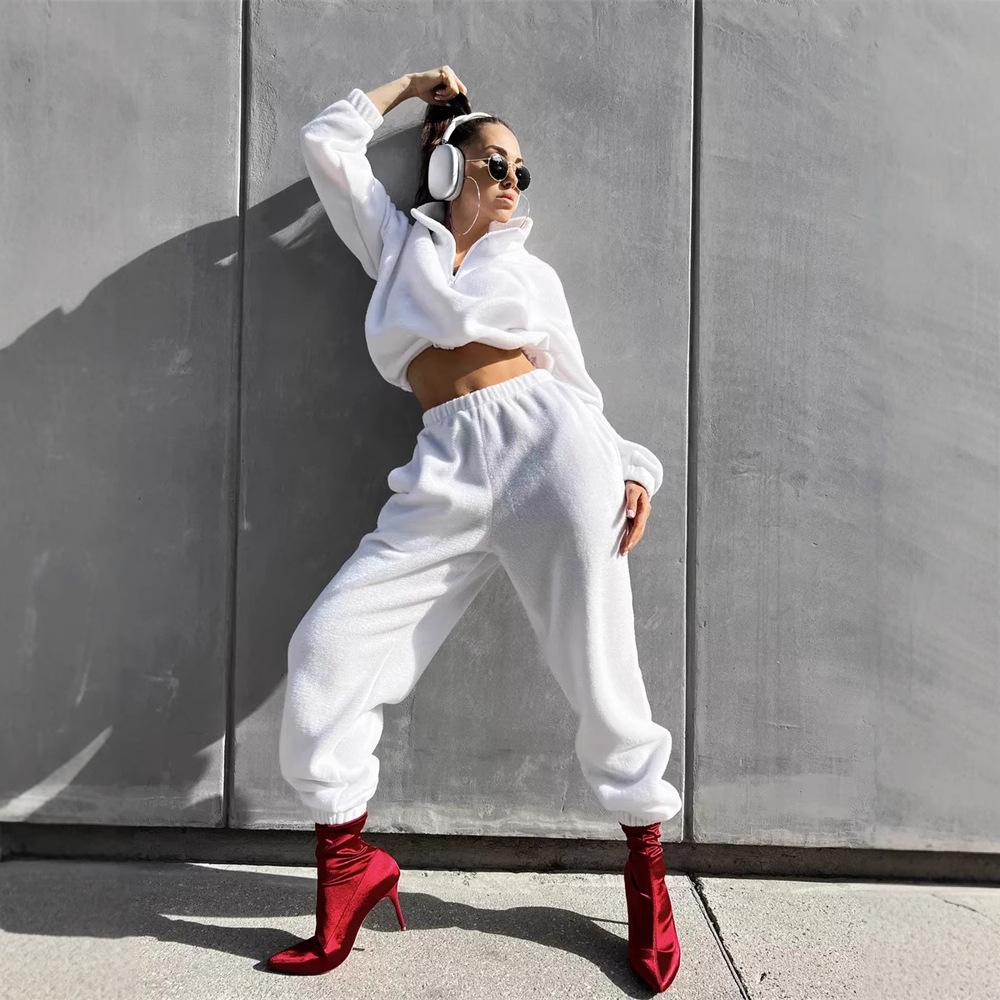 New European and American casual women's set, solid color long-sleeve, zip-up collar, waist-cinching sweatshirt, two-piece tie pants set