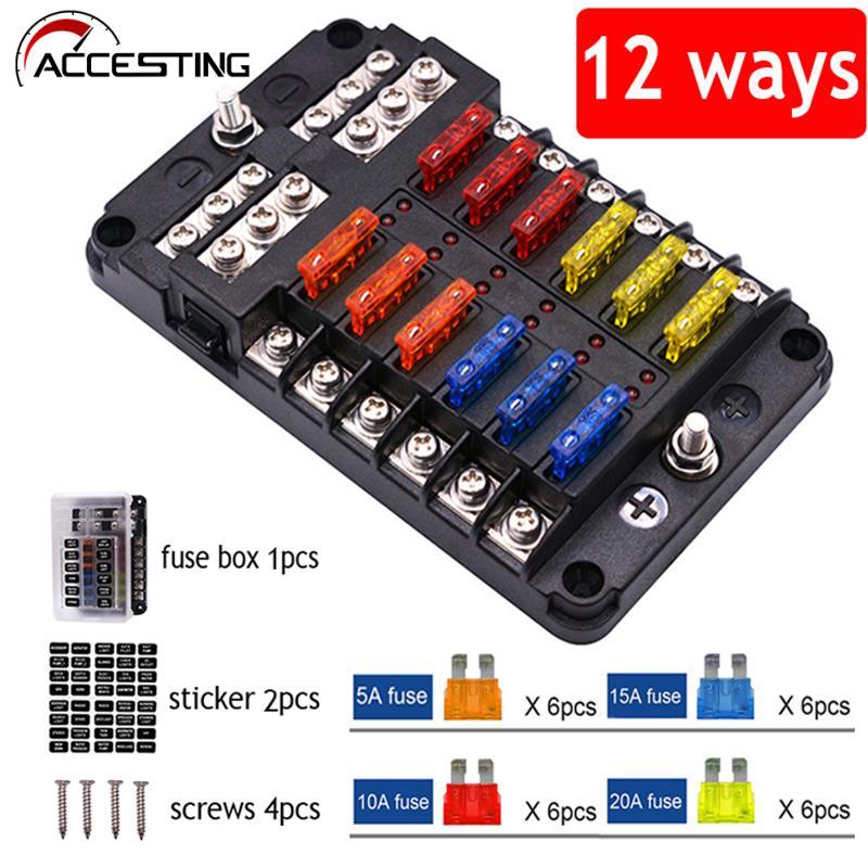 Car Boat Fuse Box Holder With 12 Way Blade Fuse Holder Block & Warning Indicator 12V~24V Power Distribution Panel Board
