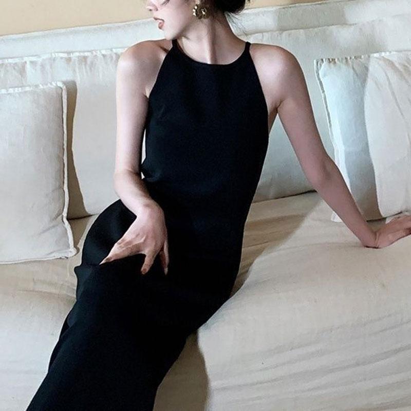 Solid Color Slip Dresses Sexy Elegant Sleeveless Summer Vintage Basic Slim Fashion Waist Bag Hip Long Dress