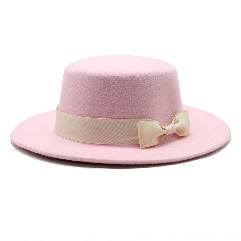 New style autumn and winter men's and women's flat-brimmed hats, fashion bows, flat-topped top hats, men's and women's woolen jazz hats