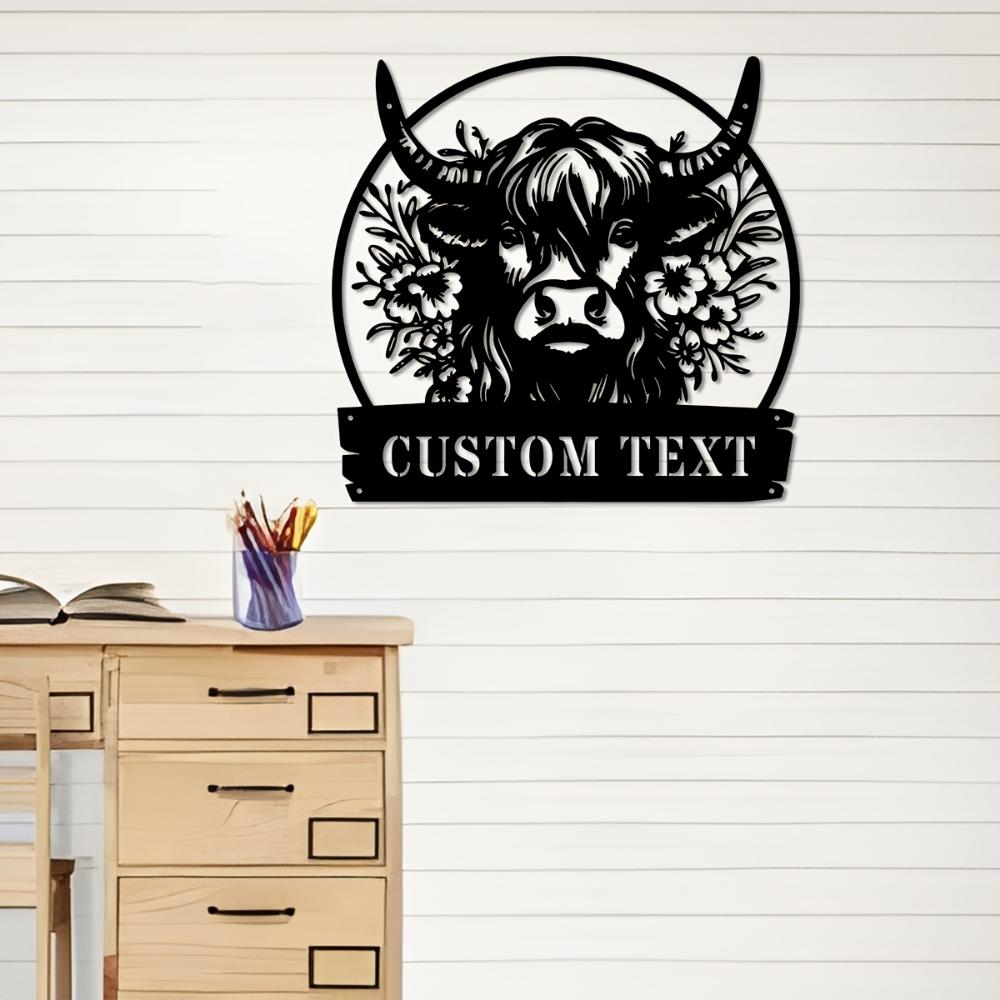 Unique 1pc Custom Metal Highland Cow Outline Engraved Family Name Wall Art House Number Address Sign
