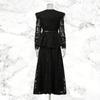 Court Style Lace Embroidery Solid Color Suit Large Lapel Waist Ruffled Top + A-shaped Long Dress