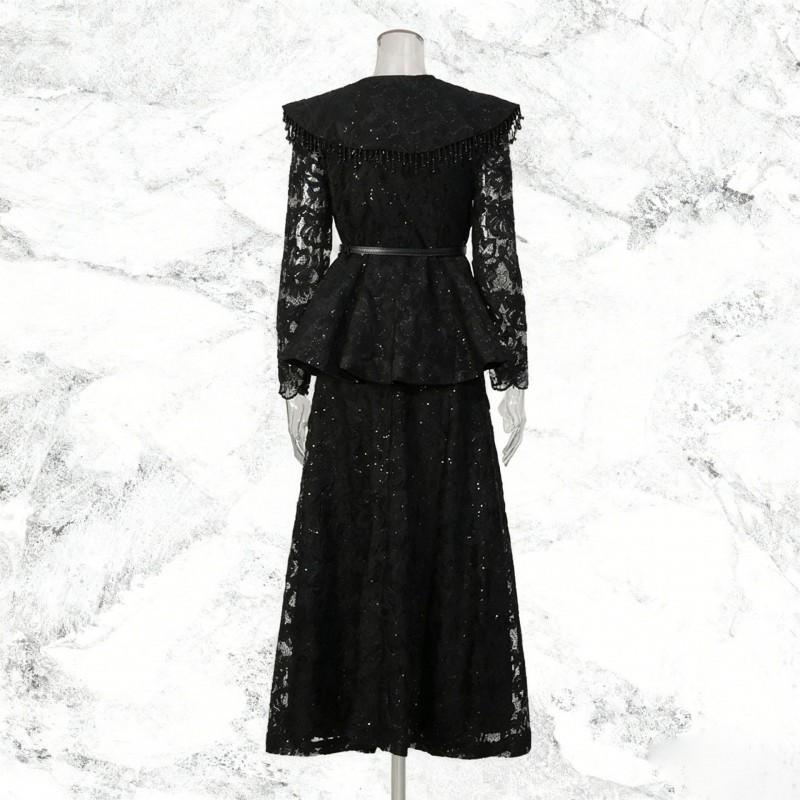 Court Style Lace Embroidery Solid Color Suit Large Lapel Waist Ruffled Top + A-shaped Long Dress