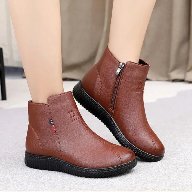 Winter Warm Shoes Woman Black Short Boot With Fur Women's Leather Ankle Boots Women  Waterproof Ladies Zip Up Booties