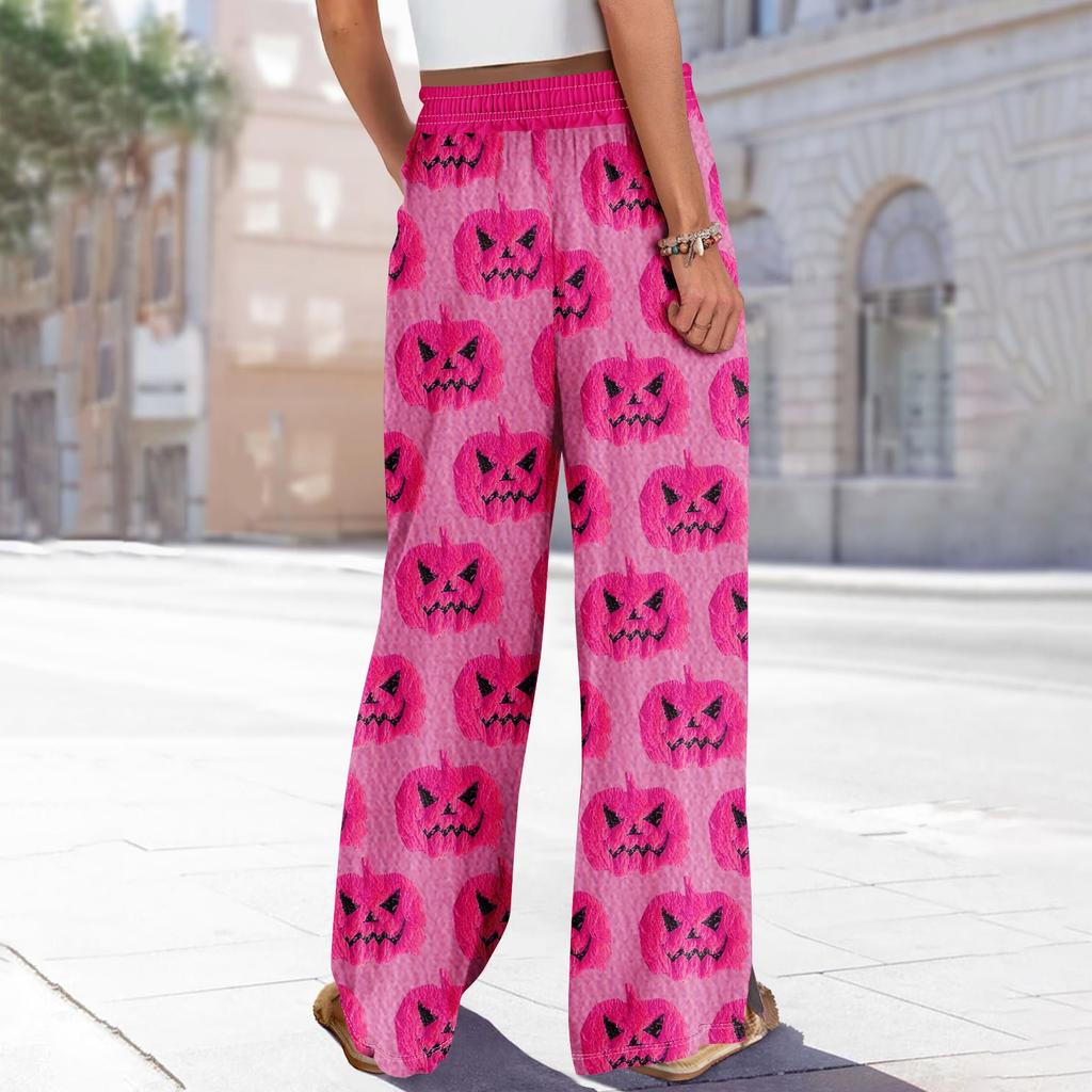 Women Summer Boho Palazzo Pants High Waist Wide Leg Halloween Printing Casual Trousers With Pockets