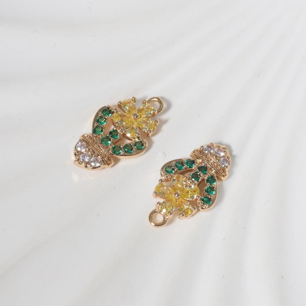 Multicolor Zirconia Bow Flower Copper Charms, Golden Plated Fresh Pendants for DIY Earring Necklace Craft Making