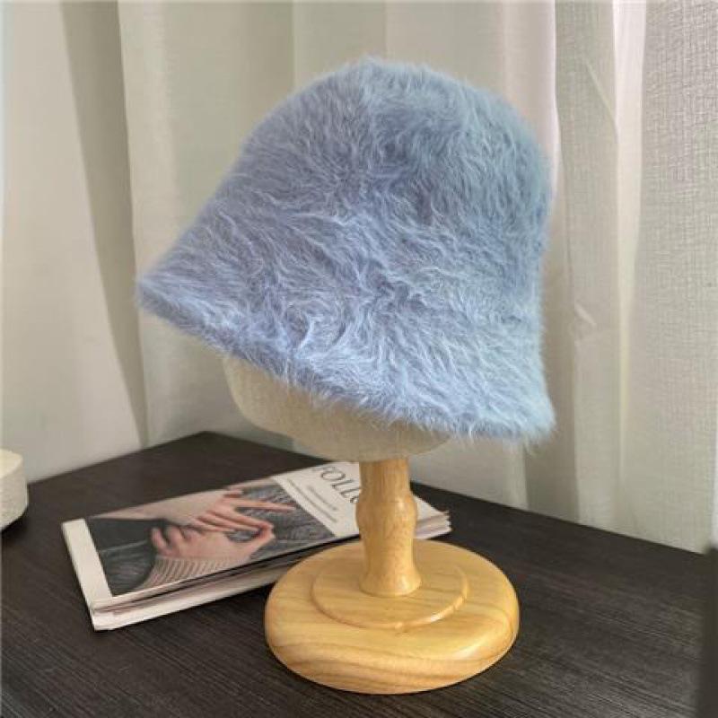 Rabbit hair fisherman hat women's versatile warm water bucket hat autumn and winter show face small basin hat