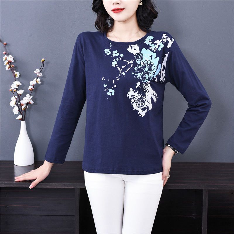 

Женская футболка с растительным принтом Весна Осень Повседневная с длинным рукавом Корейская с круглым вырезом Вышивка Прямые пуловеры 4XL темно-синий