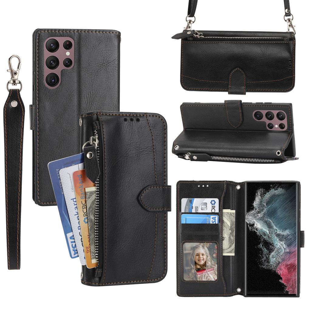 For Samsung Galaxy S25 Ultra Case Zipper Pocket Leather Phone Cover with Crossbody Shoulder Strap