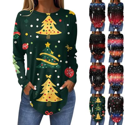 Women's Casual Plus Size Long Sleeved Round Neck Christmas Printed T-shirt Top