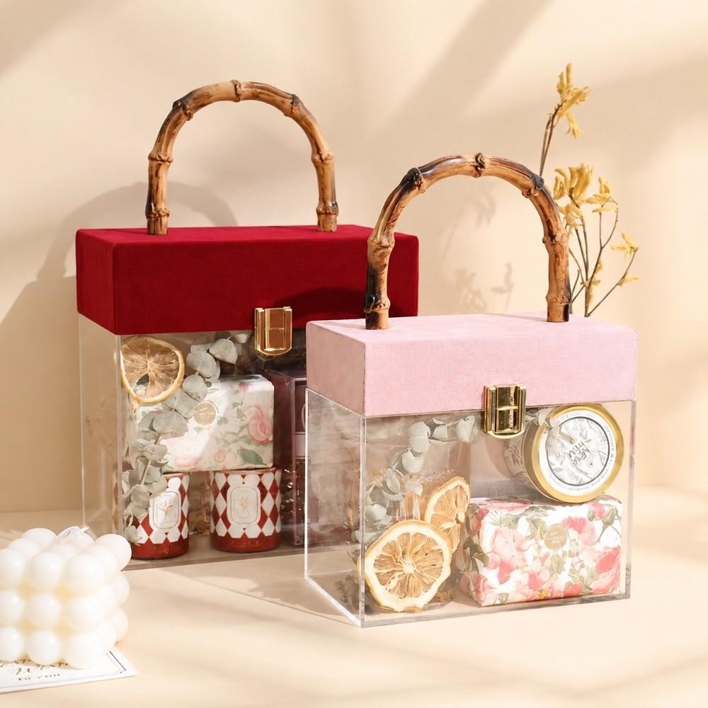 with Bamboo Handle Hand-Held Gift Box Velvet Gift Box Wedding Souvenirs Party Candy Packaging