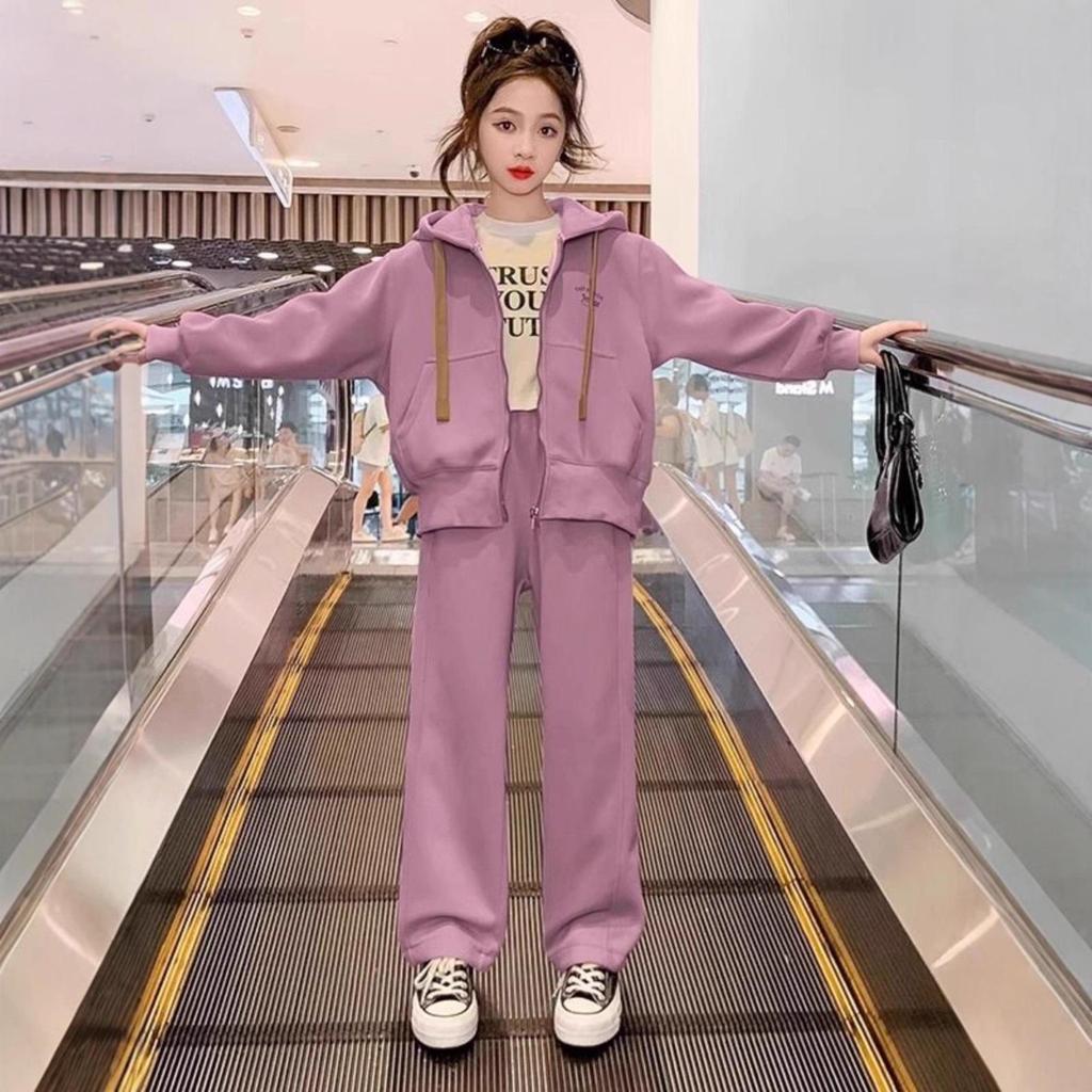 Girls' Autumn Sporty Set: Hooded Sweatshirt & Wide-Leg Pants Two-Piece
