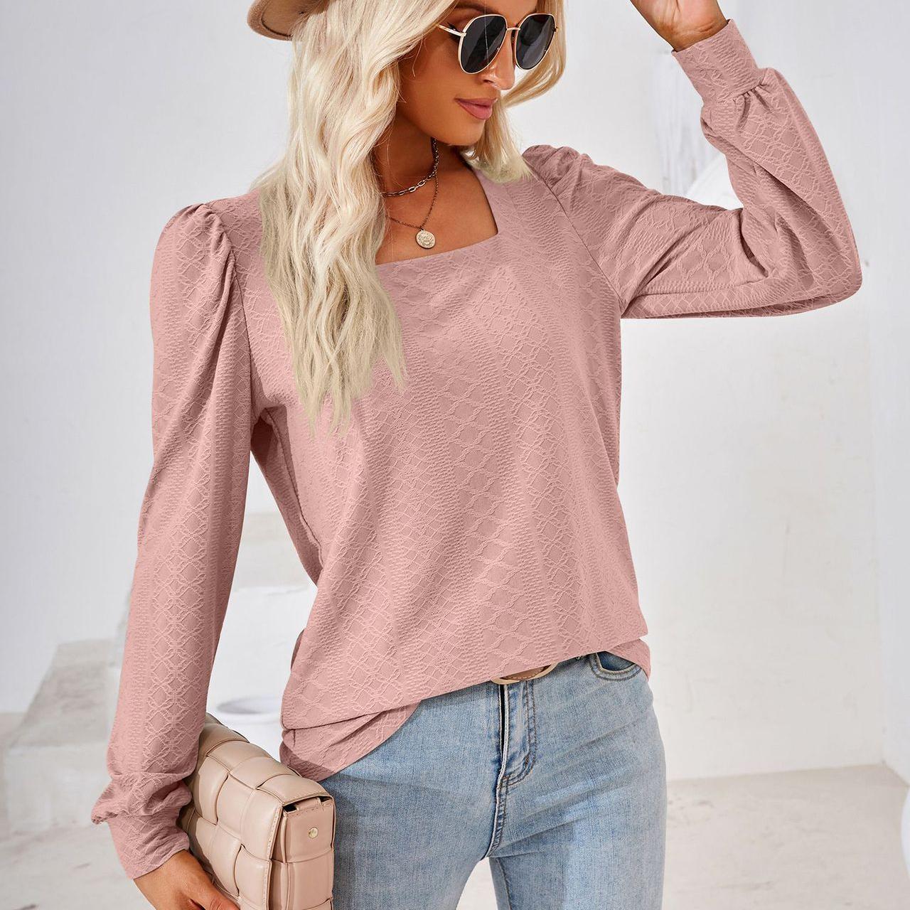 

Осень-зима с квадратным вырезом, однотонная плиссированная свободная футболка с длинным рукавом для женщин, топ L светло-розовый