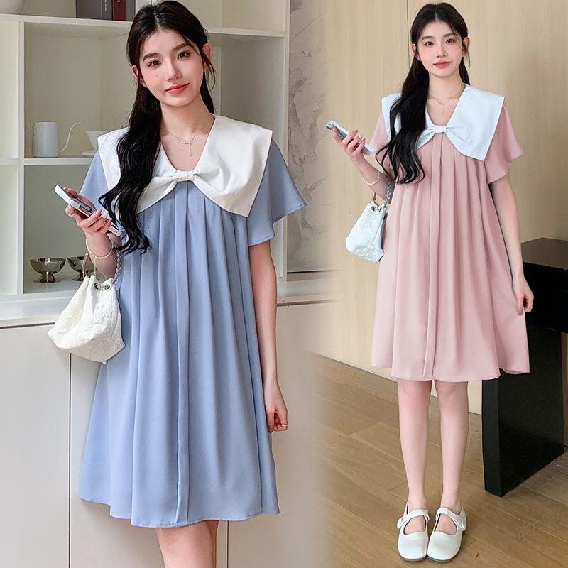 2026 Summer Maternity Sweet Navy Collar Pleated Dress L