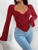 T-shirt Vacation V-neck Flared Sleeve Waisted Irregular Knit Long-sleeved T-shirt Tops