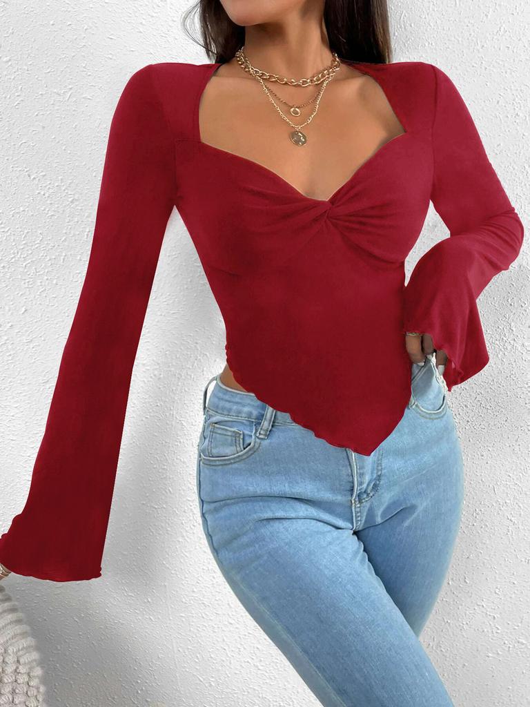 T-shirt Vacation V-neck Flared Sleeve Waisted Irregular Knit Long-sleeved T-shirt Tops