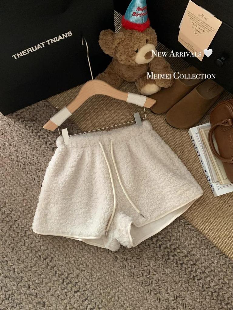 Women's 2024 Lambswool High Waist Drawstring Warm Shorts - Autumn/Winter Casual Loose Fit Hot Pants Outerwear