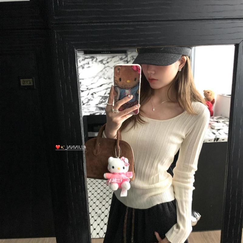 Simple temperament Slim-fit neck knitted sweater top women's clothing early autumn wear tight and thin inner base long-sleeved shirt