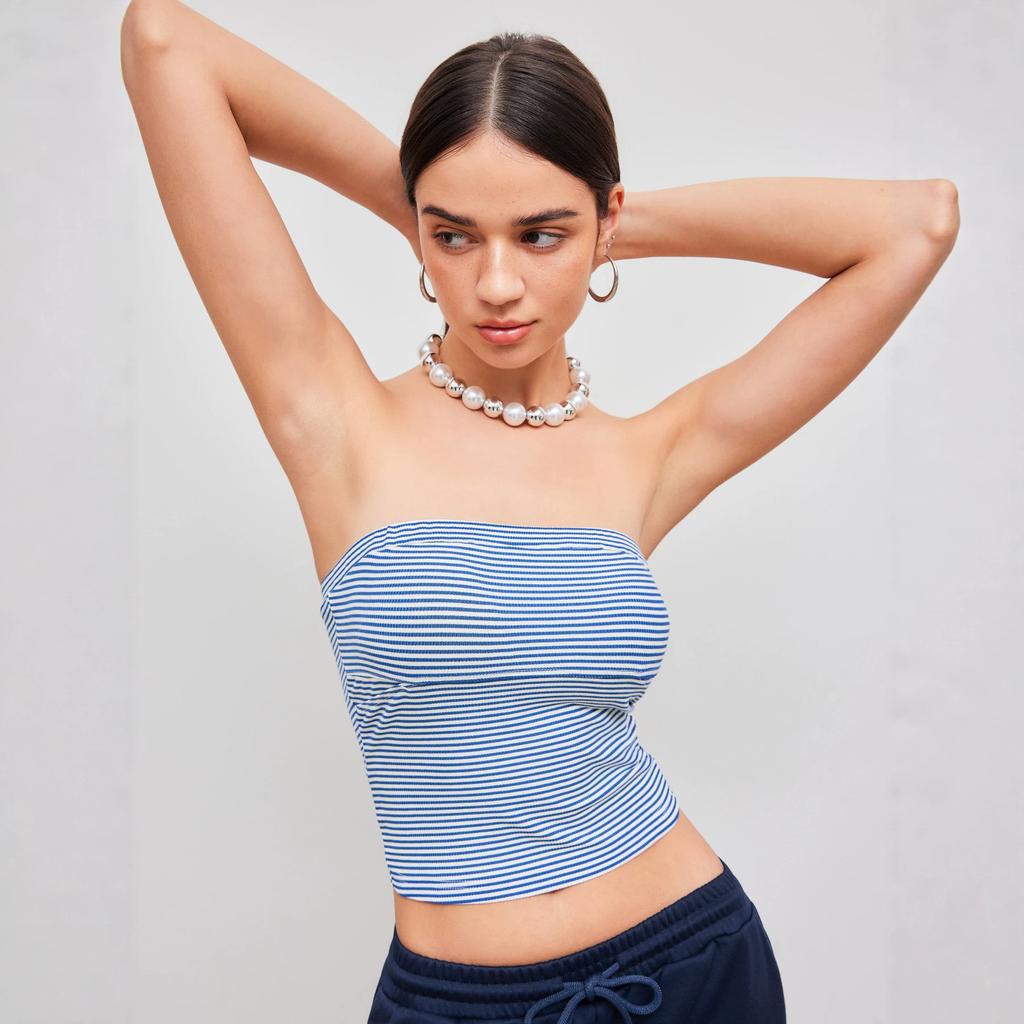 American Retro Striped Tube Top Women's Summer Color Matching Elastic and Thin Sleeveless Sling Vest Spice Girl Waist Shirt