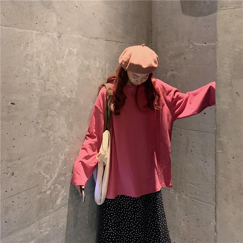 Spring and Autumn Women's Loose Solid Colour Long Sleeve Plus Size Tops