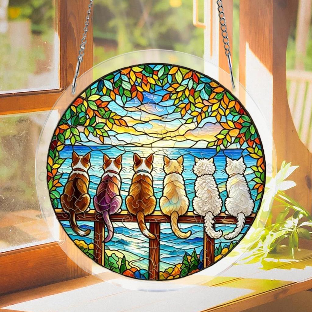 Suncatcher Ornament 19cm 2D Stained Animal Puzzle Butterfly Cat Window Decoration for Window Wall Home Living Room Bedroom