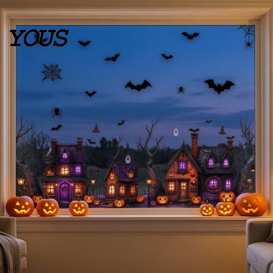 Easy Apply Halloween Decorations 2 Sheets/Set Window Stickers, Retro Haunted Castle Sticker, Static Cling Glass Bat Spider Web Decals, Removable