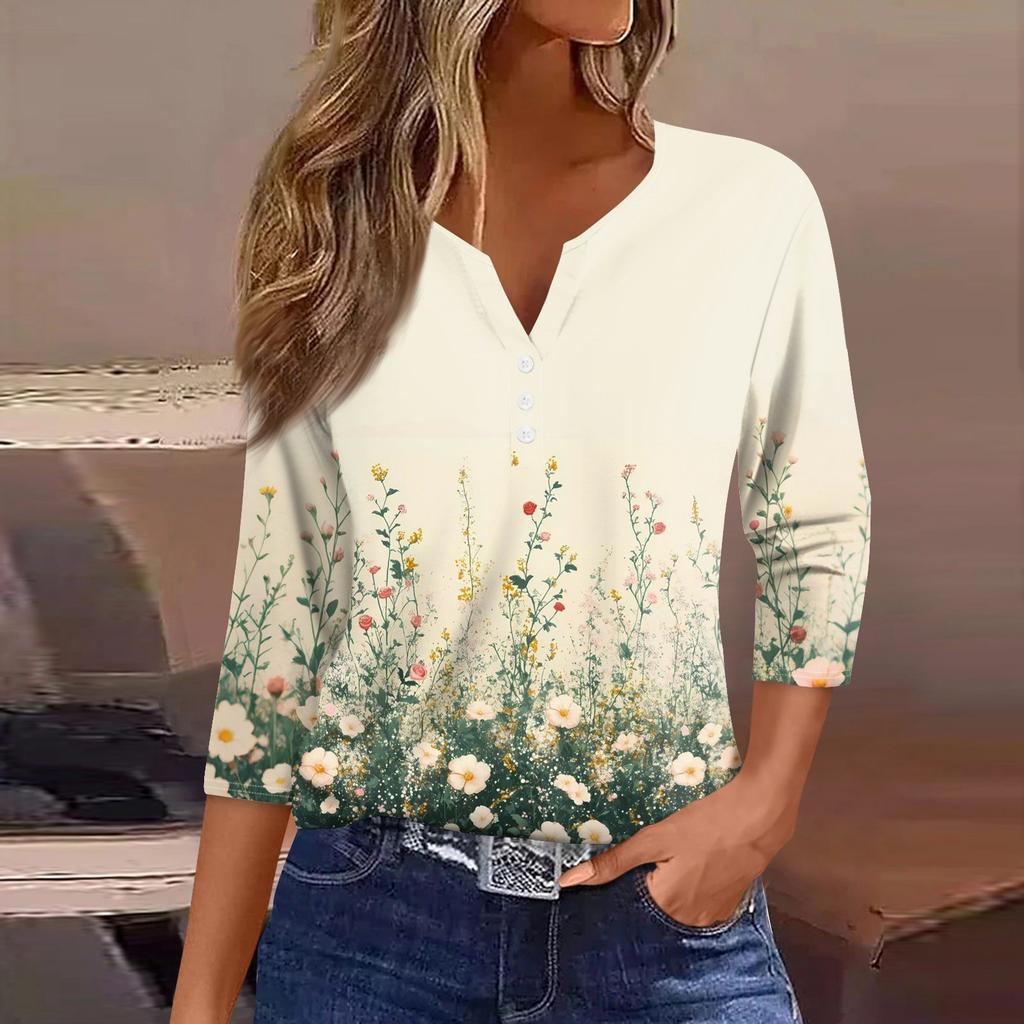 Damen T-Shirt mit Aufdruck, Knopfleiste, 3/4-Ärmel, für den Alltag, Wochenendmode, Basic, V-Ausschnitt, normales Oberteil