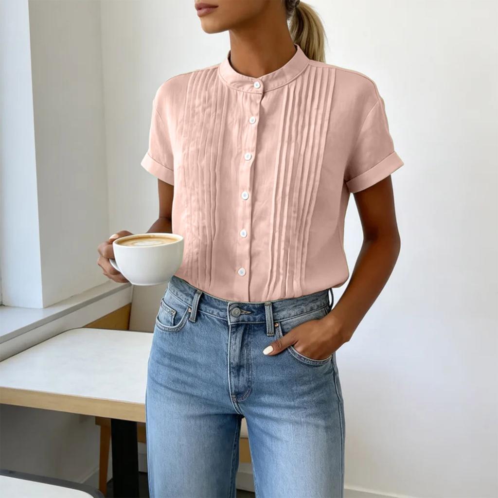 Moda Estiva Donna Camicia con Bottoni Frontali Manica Corta Collo Rialzato Tinta Unita Blusa Casual Top Leggero Traspirante