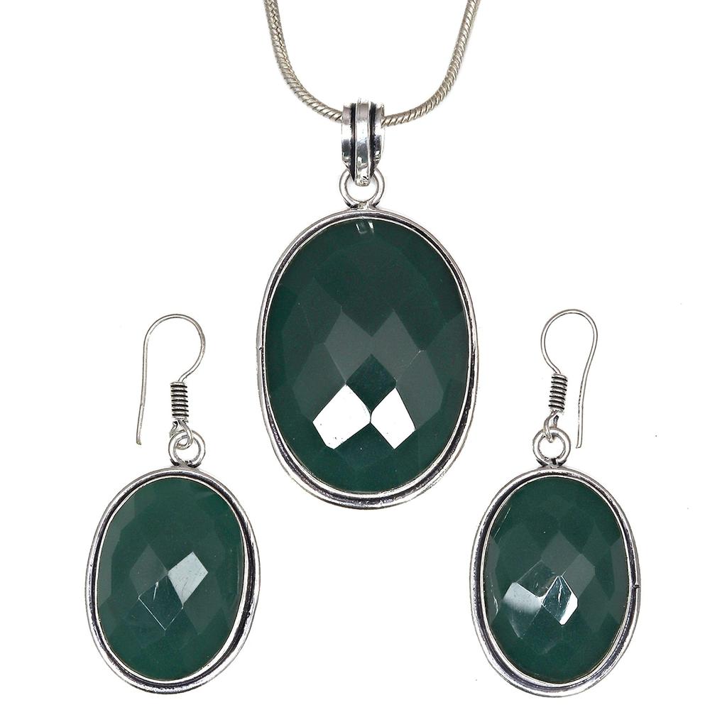Onyx Green Pendant Set Earrings Jewelry Gemstone Handmade Ethnic