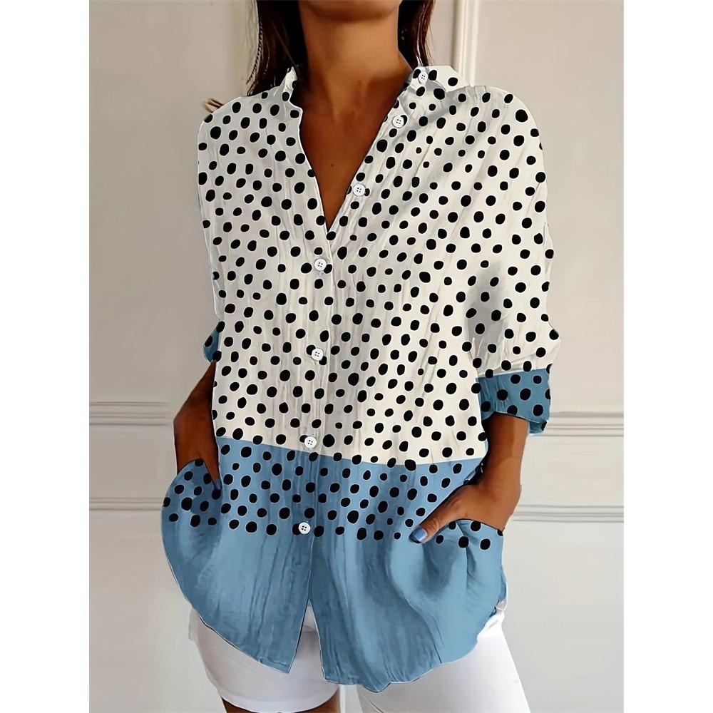 New Summer Fashion Women's Lapel Shirt Big Size Button Long Sleeve Daily Weekend V Neck Tops Floral Printed Loose Casual Shirt