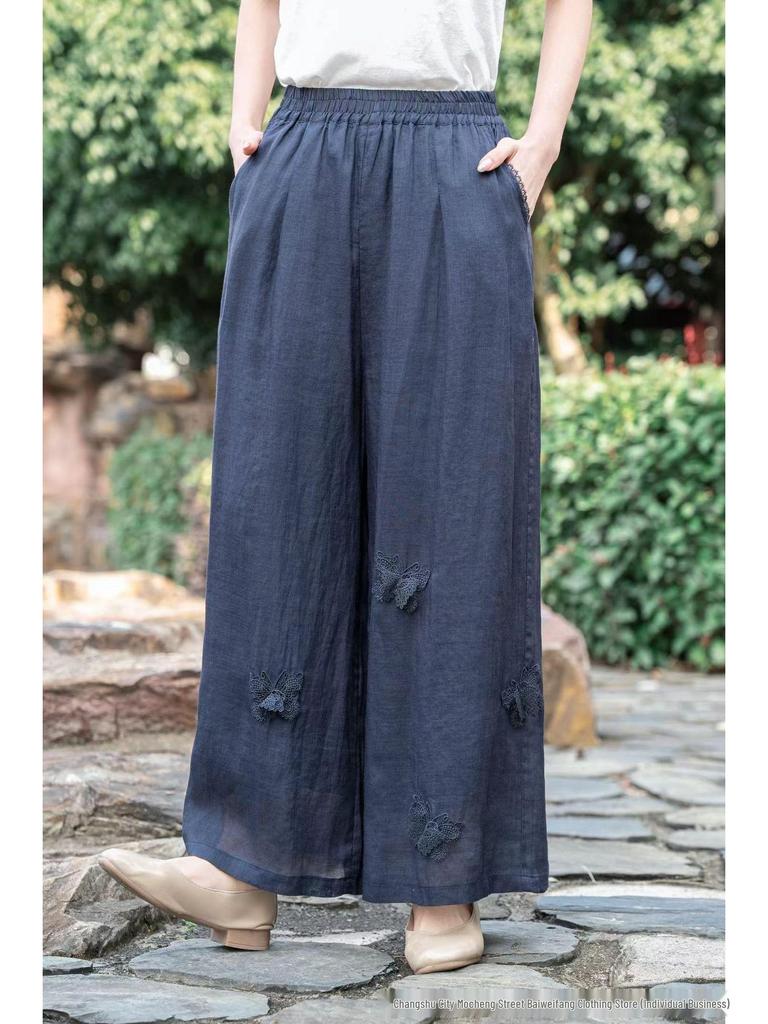 Artistic Retro High-Waisted Embroidered Ramie Pants - Spring 2026 Women's Casual Loose Straight-Leg Style.
