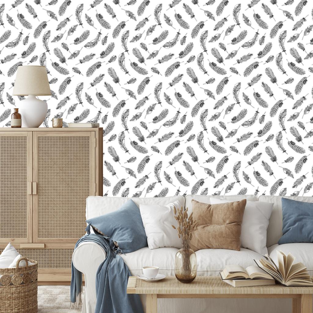 Retro wallpaper black feathers on a white background for the living room and bedroom 50x1000
