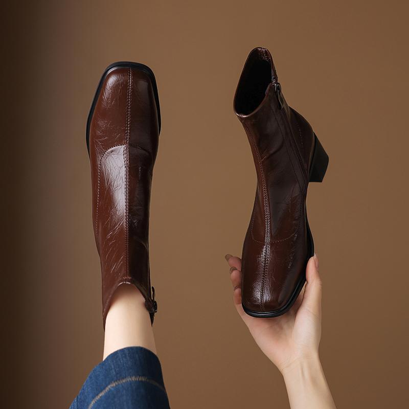 Krazing Pot Microfiber Winter Square Toe Modern Size 33 Boots Basic Size 43 Clothing Thick High Heels Zipper Women Ankle Boots