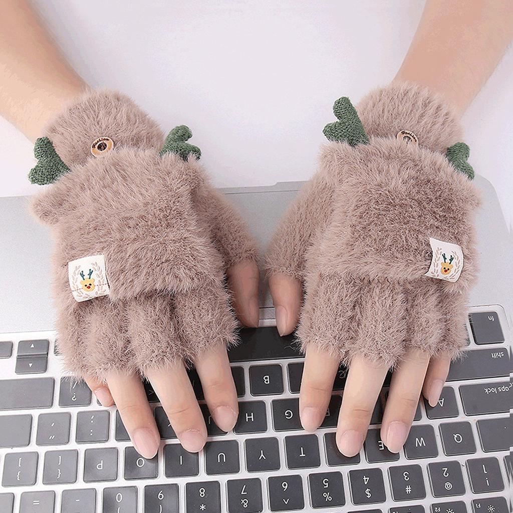 Winter Women Adult Plus Velvet Thickening Cute Cartoon Point Finger Gloves