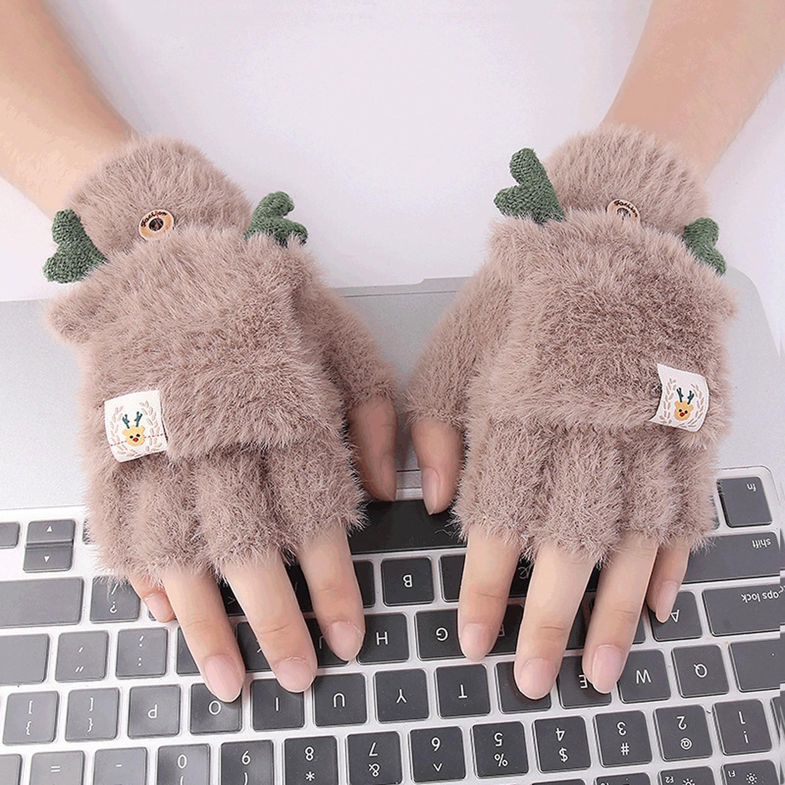 Winter Women Adult Plus Velvet Thickening Cute Cartoon Point Finger Gloves хаки
