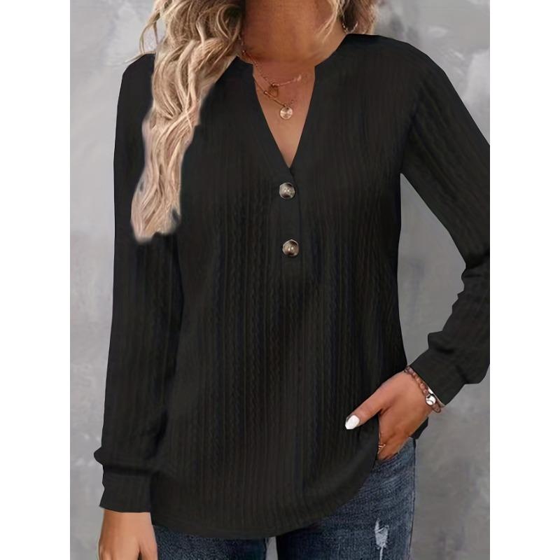 Women Long Sleeve V Neck Button Solid Color T Shirt