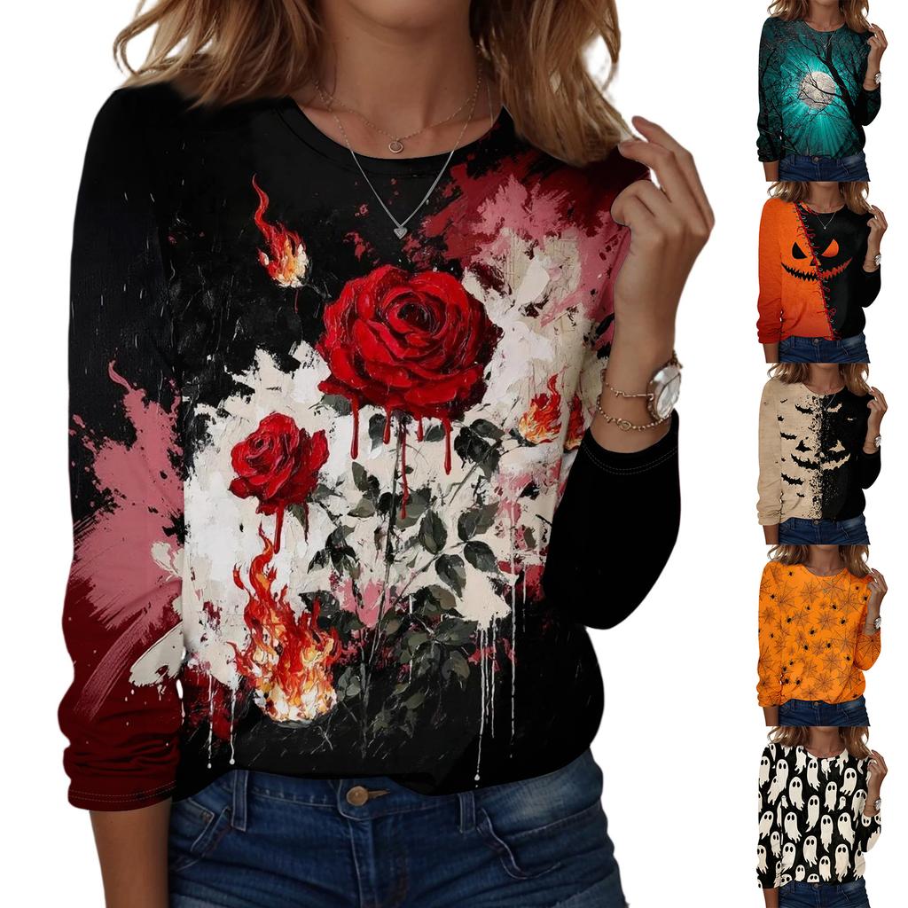 Women's Long Sleeve Pullover Sweatshirt Halloween Print Round Neck Casual Top Lightweight Comfortable Fit