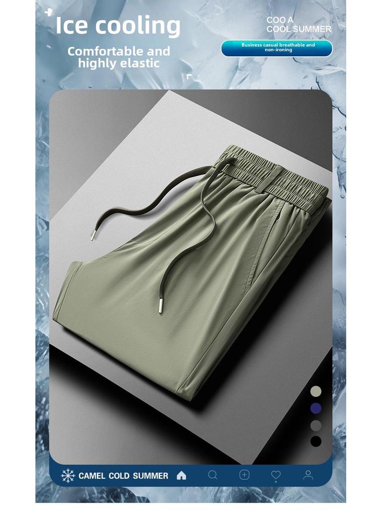 Pánské letní lehké elastické business kalhoty z ledového hedvábí pro všechny věkové kategorie