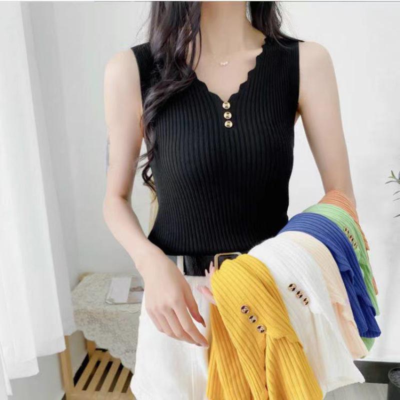 

Ice Silk V-Neck Spaghetti Strap Sleeveless Tank Top - Women s Loose Korean Style Summer Knitted Base Layer S 91-100 jin