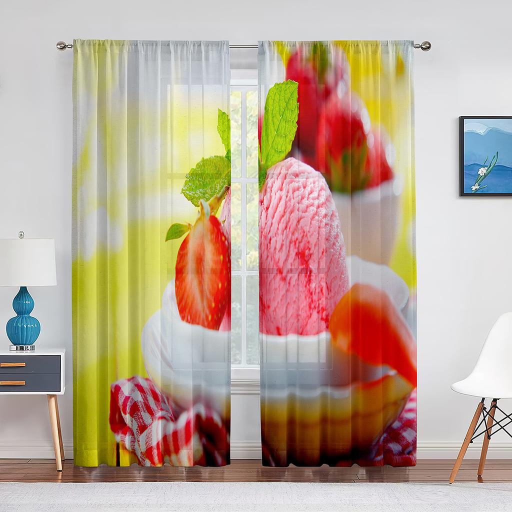 Gałka Lodów Słodki Zimny Kremowy Deser Przezroczyste Woalowe Zasłony do Salonu Sypialni Tiulowe Zasłony Panel Okienny Kuchenny Draperie
