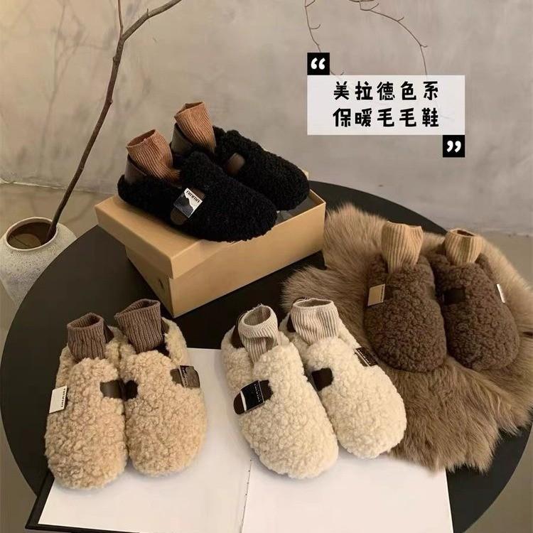 One pedal of fluffy shoes for women to wear outside, winter 2025 flat-bottomed warm lamb wool beanie shoes cotton shoes for women to wear outside