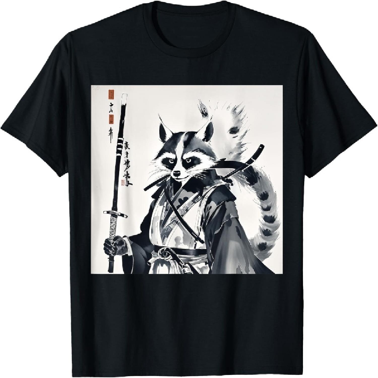 samurai Raccoon graphic warrior art Japanese anime Ukiyo-e T-Shirt S