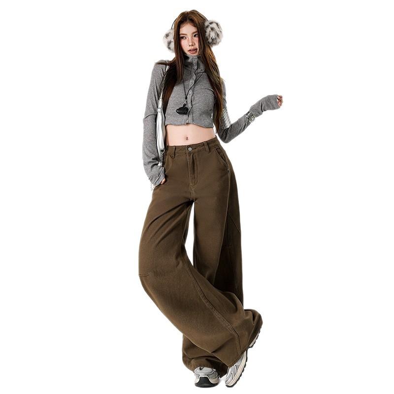 American wide-leg jeans women's autumn and winter new deconstruction design sense retro loose and thin straight scimitar pants