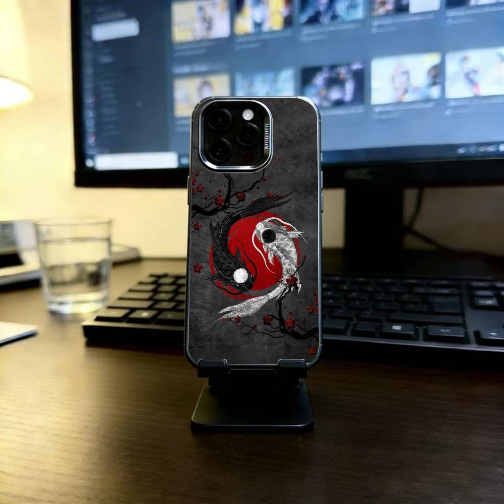 

Japanese Art Dragon Yin Yang Phone Case For iPhone 17,16,15,14,13,12,11 Plus,Pro Max,XS,Colored Silver Plated Inside Cover iPhone16ProMax