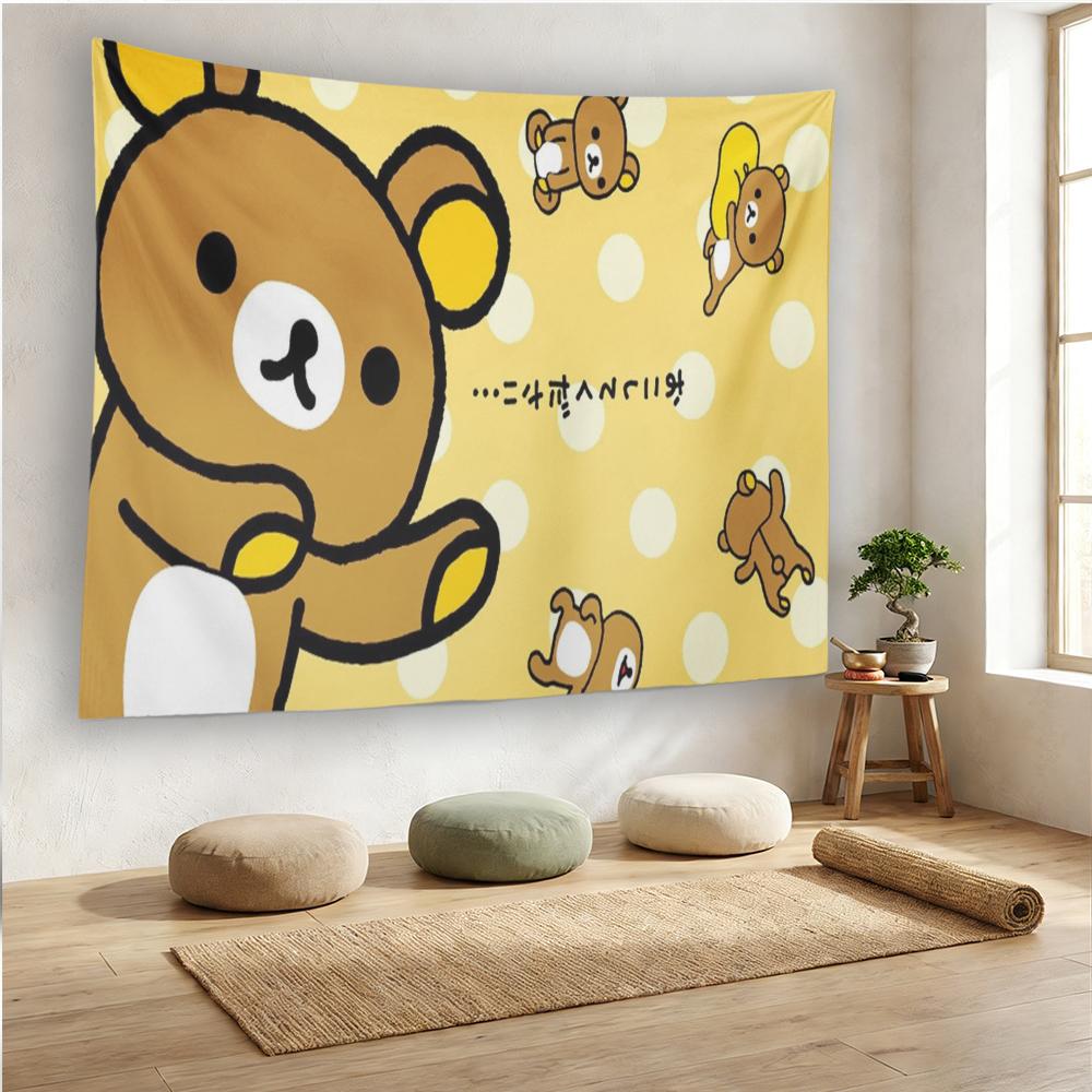 R-Rilakkuma Polka Dot Tapestry, Cute Kawaii Bear Wall Hanging, Soft Yellow Aesthetic Bedroom Dorm Decor, Anime Fan Gift