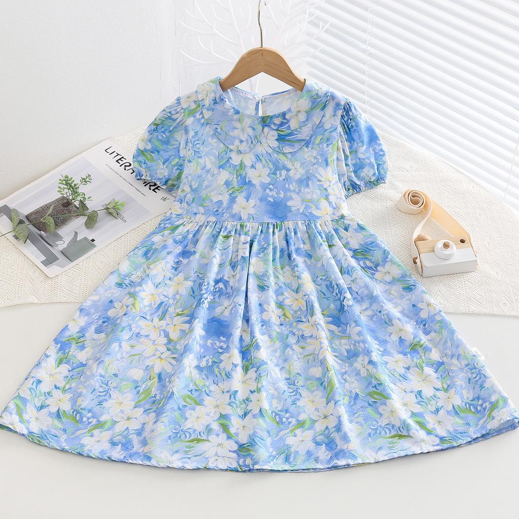 Resort Style Children's Clothing Summer Style Children's Cotton Silk Doll Collar Princess Dress Girls Artificial Cotton Floral Dress