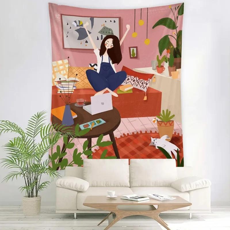 Wanddekoration Zuhause Wandteppich Cartoon Süßes Mädchen Hintergrund Hängestoff Büro Wohnzimmer Wandteppich