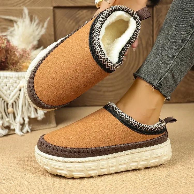Fashion Women's Thick Bottom Snow Boots Fleece Lined Slip-On Slippers Autumn Winter New Style Cotton Plush Clog Fashion Slippers