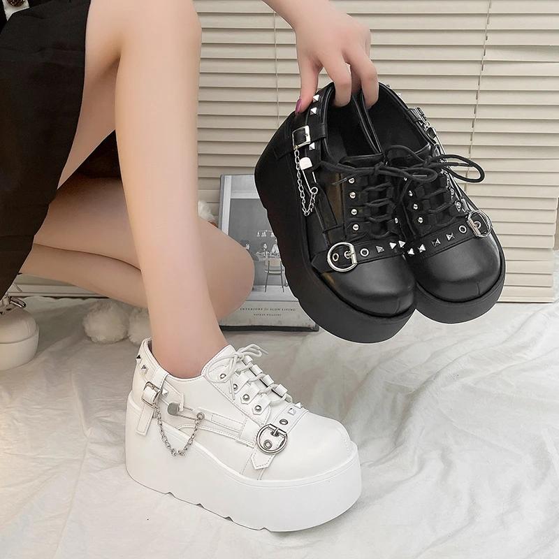 Fashion Retro Rock Shoes Boots For Women New Dark Punk Leather Shoes Metal Niche Low Top Platform Shoes For Women 8.5CM Thick soled