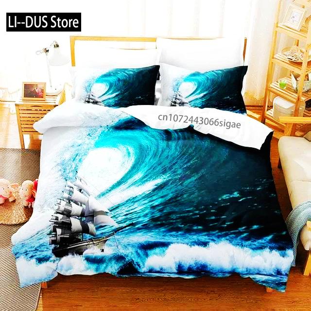 SailBoat Sea Bedding Set Ocean Sunset Scenery Duvet Cover Pillowcases Twin Full Queen King Size For Boys Adult Gift Bed Linen
